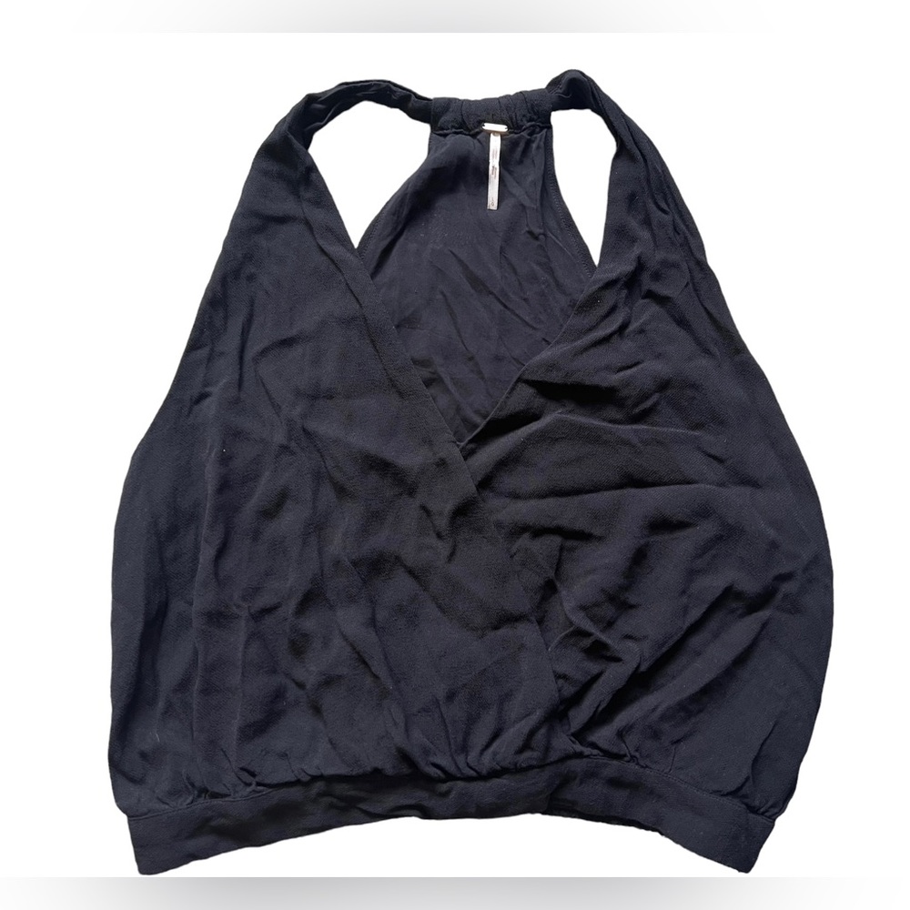 Free People Drapey Dreams Tank Surplice Neckline Sleeveless Top Size Large Black